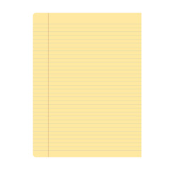 Single yellow lined paper with margin. Blank stationary for notes and writing. Isolated sheet for education document. Vector