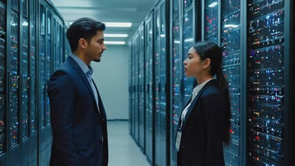 Data Center Engineers Discussing Systems in Server Room - Powered by Adobe