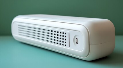 White rectangular device with perforated grill, power button, on teal background.