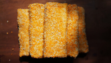 Rolls filled with smoked beef, mayonnaise, omega eggs and cheese. Delicious street food. Risol...