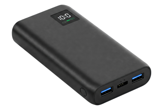 Black portable power bank with digital display and USB ports isolated on a transparent background