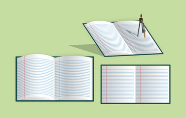 Open School Notebooks with Lined Pages and Compass Isolated on Transparent Background