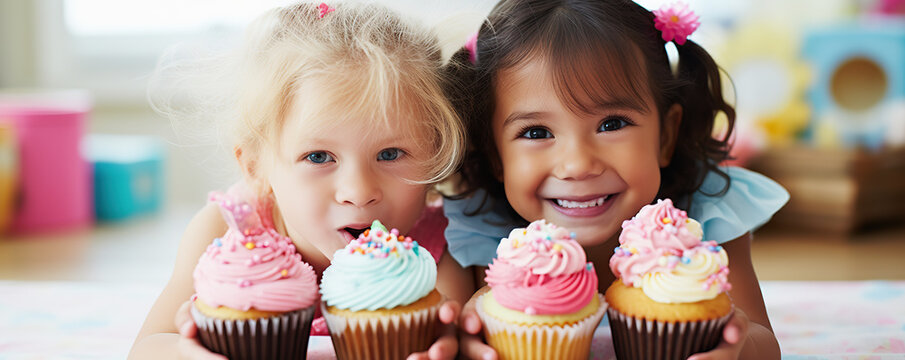 Two young girls joyfully displaying colorful cupcakes in a bright and cheerful setting during a birthday celebration - Powered by Adobe