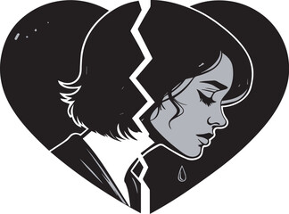 Black silhouette of broken heart with crack line in flat vector style, sad emotion symbol for heartbreak, love loss, pain, sorrow, relationship breakup, grief, loneliness, and emotional distress

