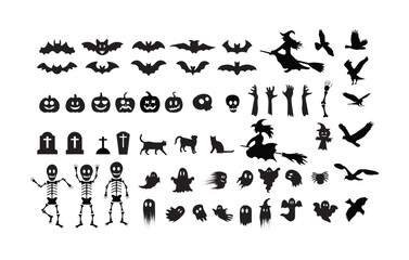 Halloween Silhouette Icons Collection Isolated on White Background