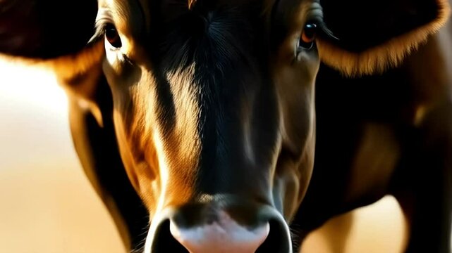 Close-up cow face portrait in golden light