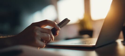 The hand holding a smartphone while working on a laptop in cozy lighting.
