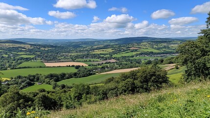 Naklejka premium Panoramic view of a lush green valley, dotted with houses and farmland under a vibrant blue sky filled with fluffy white clouds