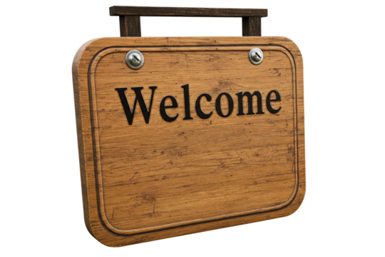 Hanging wooden welcome sign isolated on a transparent background