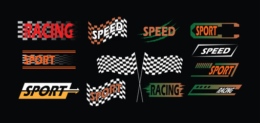 Racing and Speed Label Set with Checkered Flags and Sport Typography Isolated on Black Background