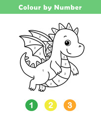Color By Number Activity for Kids. Counting Game for Kindergarten and Preschool. Coloring Page for Children. Fun Activity Worksheet with Cute Dragon Illustration.