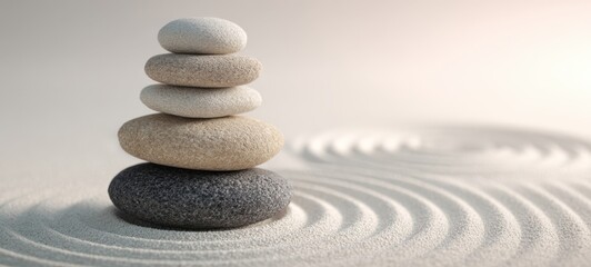 The stones balanced harmoniously on a tranquil sandy background.