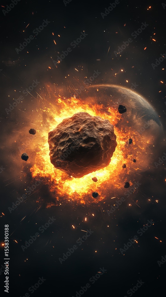 Poster Large asteroid impacting a planet creating a massive explosion with fire, smaller asteroids, and debris flying everywhere in the vastness of space