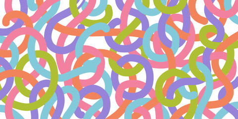 Fun colorful line doodle horizontal pattern on white. Creative art background for children or trendy design with basic shapes. Party confetti texture