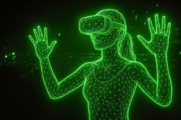 A woman wearing virtual reality goggles made up of lines or dots joined together by thin green beams, giving it an abstract look