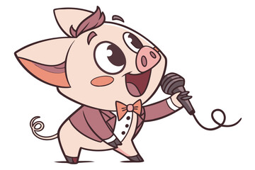Obraz premium Vector cute Pig cartoon character, singer holding microphone isolated on white background