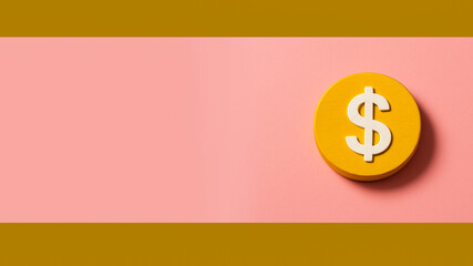 Bright yellow coin with a bold white dollar symbol placed on a soft pastel pink split background ideal for modern financial graphics money concepts banking icons 