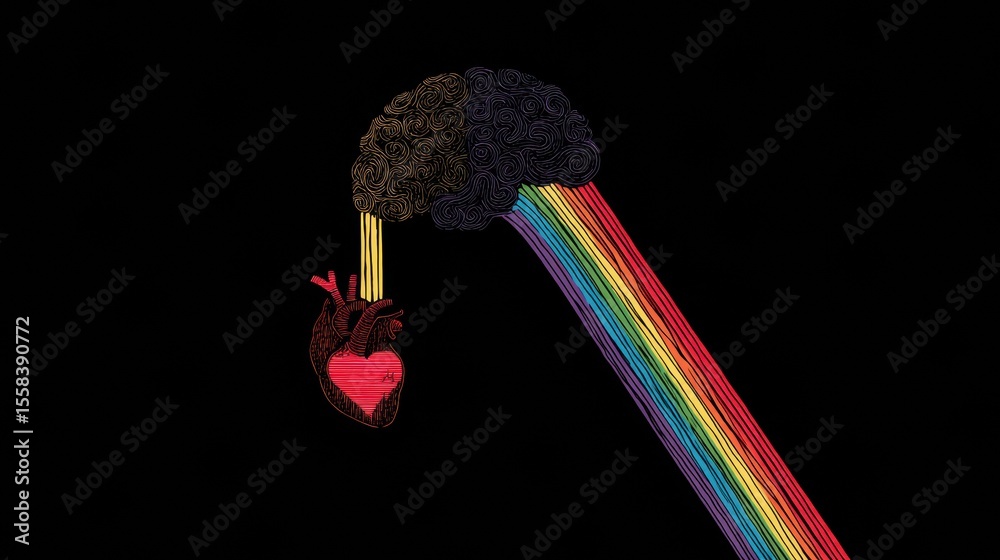 Poster concept of neurodiversity illustrated through a rainbow flowing from the brain to the heart