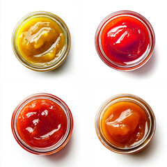 A visually appealing top-down perspective of various delicious fruit jams displayed in jars.