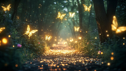 Enchanted Forest with Glowing Golden Butterflies