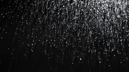 Frozen moment of torrential rain, capturing individual droplets falling at a slight angle against a stark black background