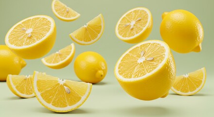 Fototapeta premium Vibrant Lemon Still Life: Floating Citrus Slices on Soft Green Background