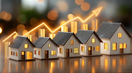 Upward trending graph over miniature houses symbolizing real estate market growth