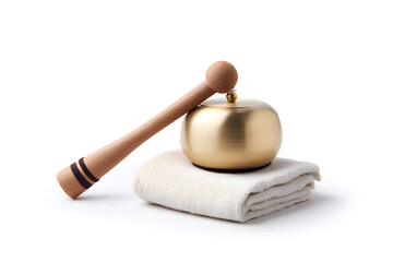 Zen meditation bell with wooden striker and soft cloth base, isolated on white background
A traditional zen meditation bell resting on a cloth cushion with a wooden striker. Symbol of mindfulness, use