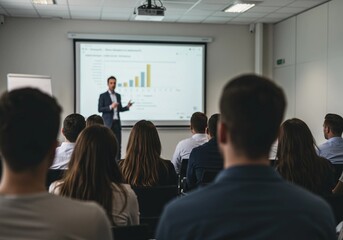 Fototapeta premium Speaker presenting data analysis bar chart to business audience in conference room