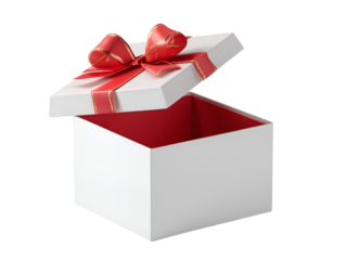 Open white gift box with red ribbon bow