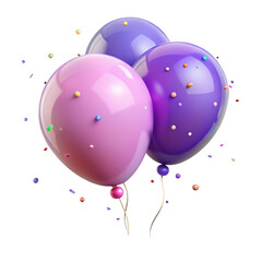 3d pink and purple balloons with confetti isolated on transparent background