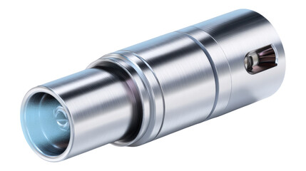 Metallic silver fuel spray nozzle emitting fine mist, symbolizing potent energy and advanced mechanical precision