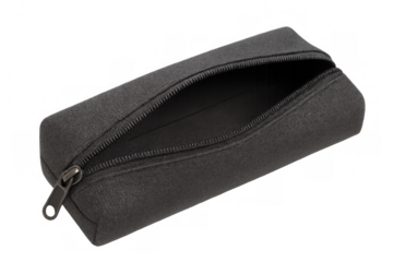 Black pencil case opening widely, displaying roomy interior for storing art materials against clear background