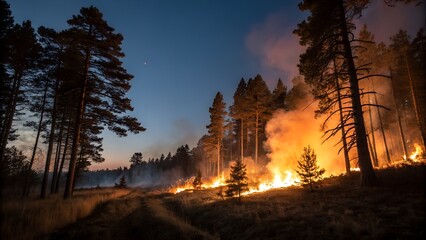 Forest on fire. The woods on fire. Dangerous situation. Natural disaster. 