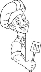 A chef, barbecue cook or baker cartoon food man mascot character holding a spatula and peeking around a sign or menu board with copy space illustration