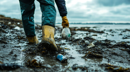 Person collects plastic waste from muddy shoreline during overcast weather while wearing yellow boots and gloves