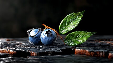 Fresh blueberries with leaves and glasses resting on a rustic wooden surface in low light