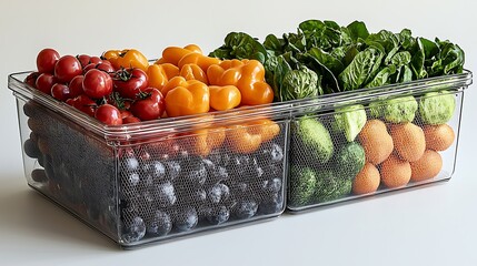 Fresh assortment of colorful vegetables and fruits in transparent containers on a clean surface