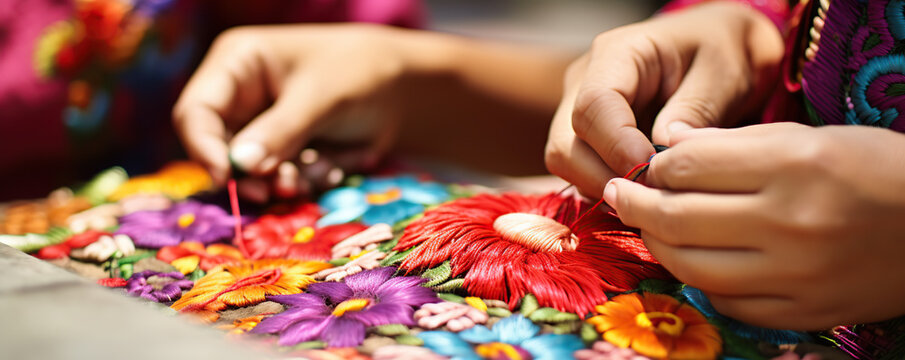 Traditional hand embroidery in vibrant colors crafted by skilled artisans in a lively market setting