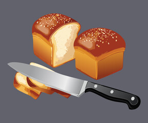 Fresh Bread Buns with Slicing Knife - Vector Illustration