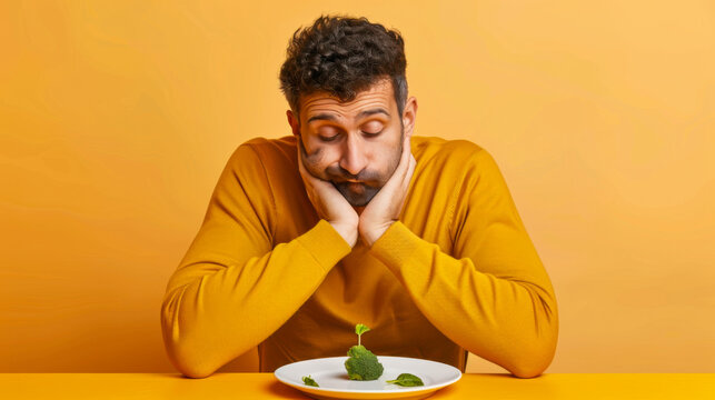 Man expresses disappointment while staring at a small portion of broccoli on a plate in a bright yellow setting