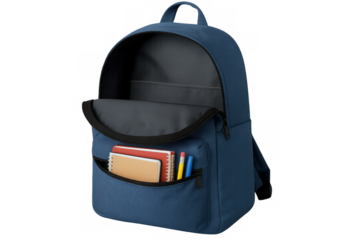 Blue backpack displaying school notebooks, pens against transparent backdrop, preparing for academic year start