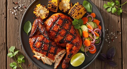 Grilled Half Chicken with Smoky Glaze and Charred Grill Marks, Served with Charred Corn, Pickled Vegetables, Lime Wedge, and Fresh Herbs on Rustic Dark Ceramic Plate