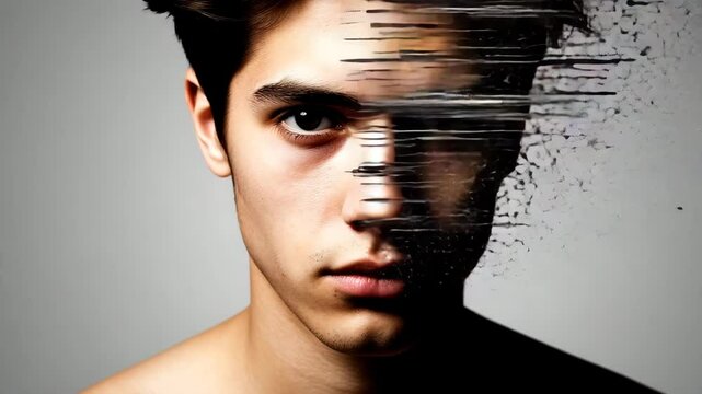 Person&rsquo;s face dissolving into particles, glitch-like distortions, surreal digital breakdown effect, neutral background