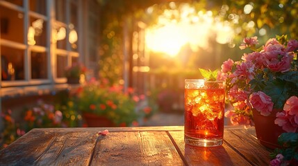 Iced drink on wooden patio at sunset