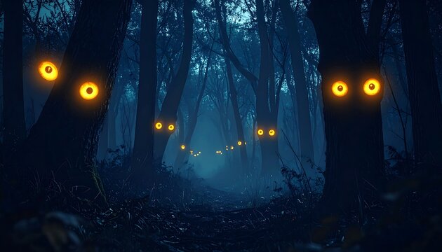 Eerie Halloween, glowing eyes from trees, dark forest