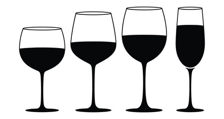 Set of Four Elegant Wine Glasses Silhouettes Featuring Red Wine, White Wine, and Champagne in Minimalistic Black and White Vector Style