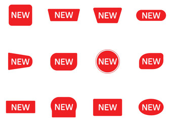 Set of 12 red new labels in various shapes on white background, perfect for product promotion, advertising, retail tags and branding