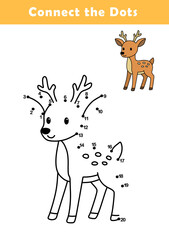 Dot to Dot Worksheet for Kids. Connect the dots to draw a cute deer. Illustration of deer. Coloring page.	