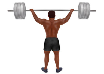 Watercolor illustration of weightlifter overhead press on transparent background.